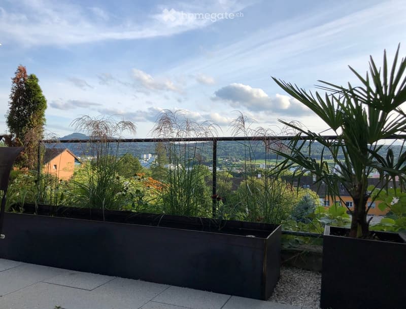 Balcony with modern black planters, lush greenery, and a scenic view of the city and surrounding landscape.