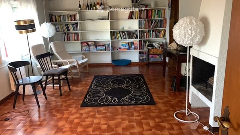 Living room with wooden flooring, fireplace, bookshelf, sofa, chairs, and a patterned rug.