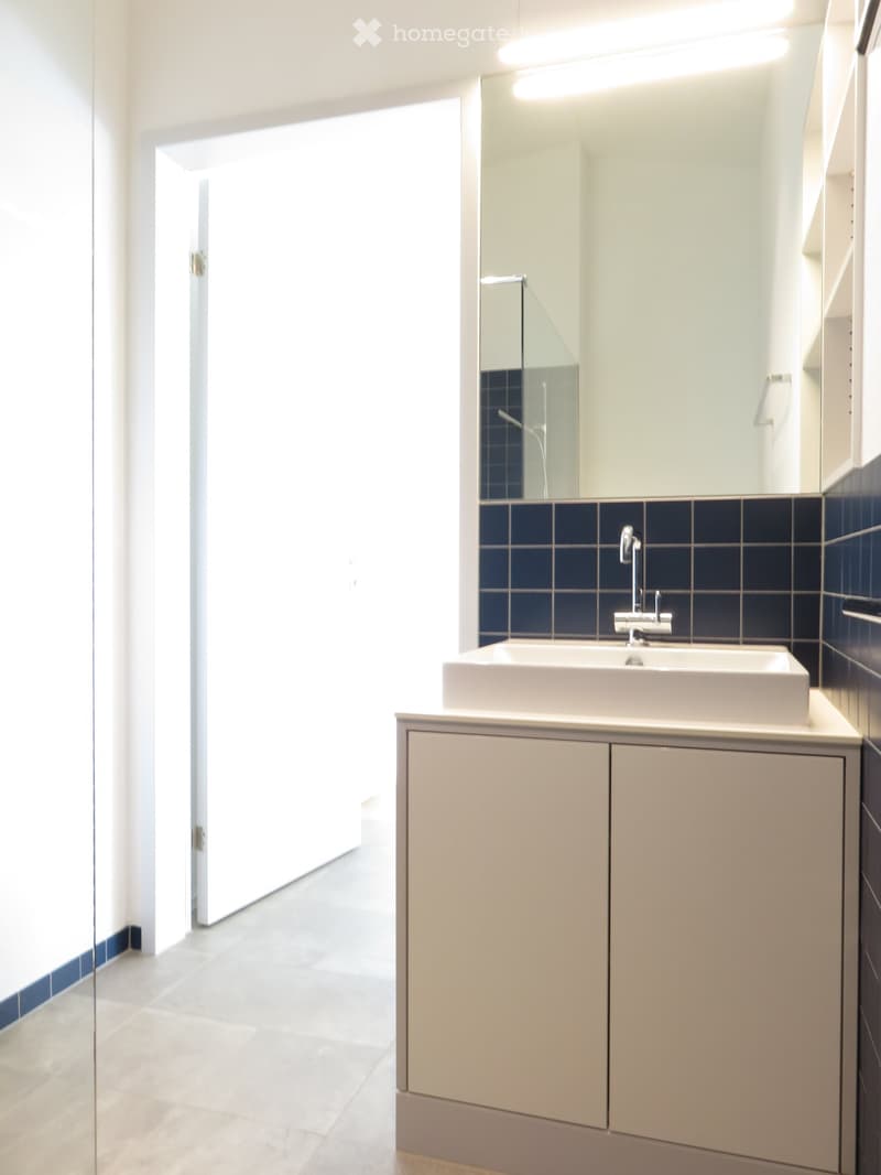 Modern bathroom with a white sink, sleek faucet, mirrored cabinet, and blue tiled accent wall.