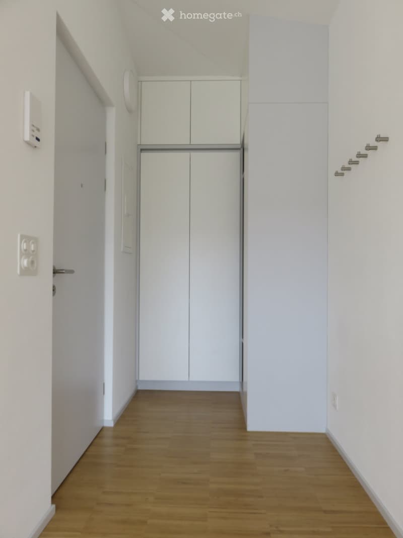 Clean, modern hallway with light wooden flooring, white walls, and built-in white cabinets. Features a door on the left and a staircase on the right.