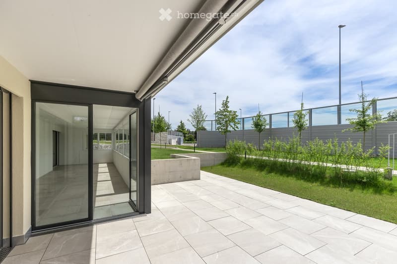 Modern outdoor patio area with large glass sliding doors, tiled flooring, and a landscaped garden with low shrubs and a concrete planter.