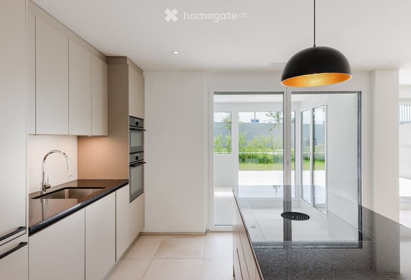 Modern kitchen with white cabinets, stainless steel sink, built-in oven, pendant light, and island with glass countertop.