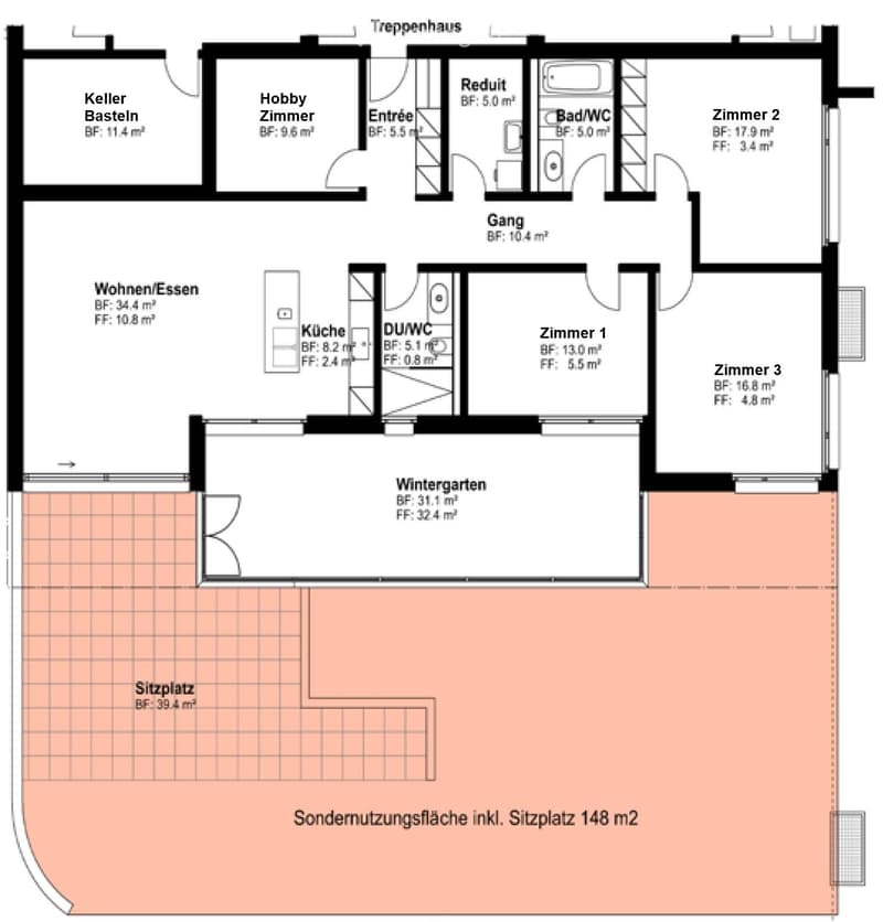 Floor plan showing a multi-level house with a basement, ground floor, and upper level. Includes rooms labeled: Keller, Hobby Zimmer, Entrée, Reduit, Bad/WC, Zimmer 1, Zimmer 2, Zimmer 3, Wohnen/Essen, Küche, DUWC, Wintergarten, Sitzplatz, and Sonder Nutzu