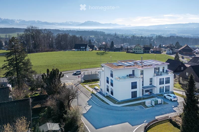 Modern white house with solar panels on the roof, surrounded by a paved driveway and greenery, with a scenic mountain view in the background.