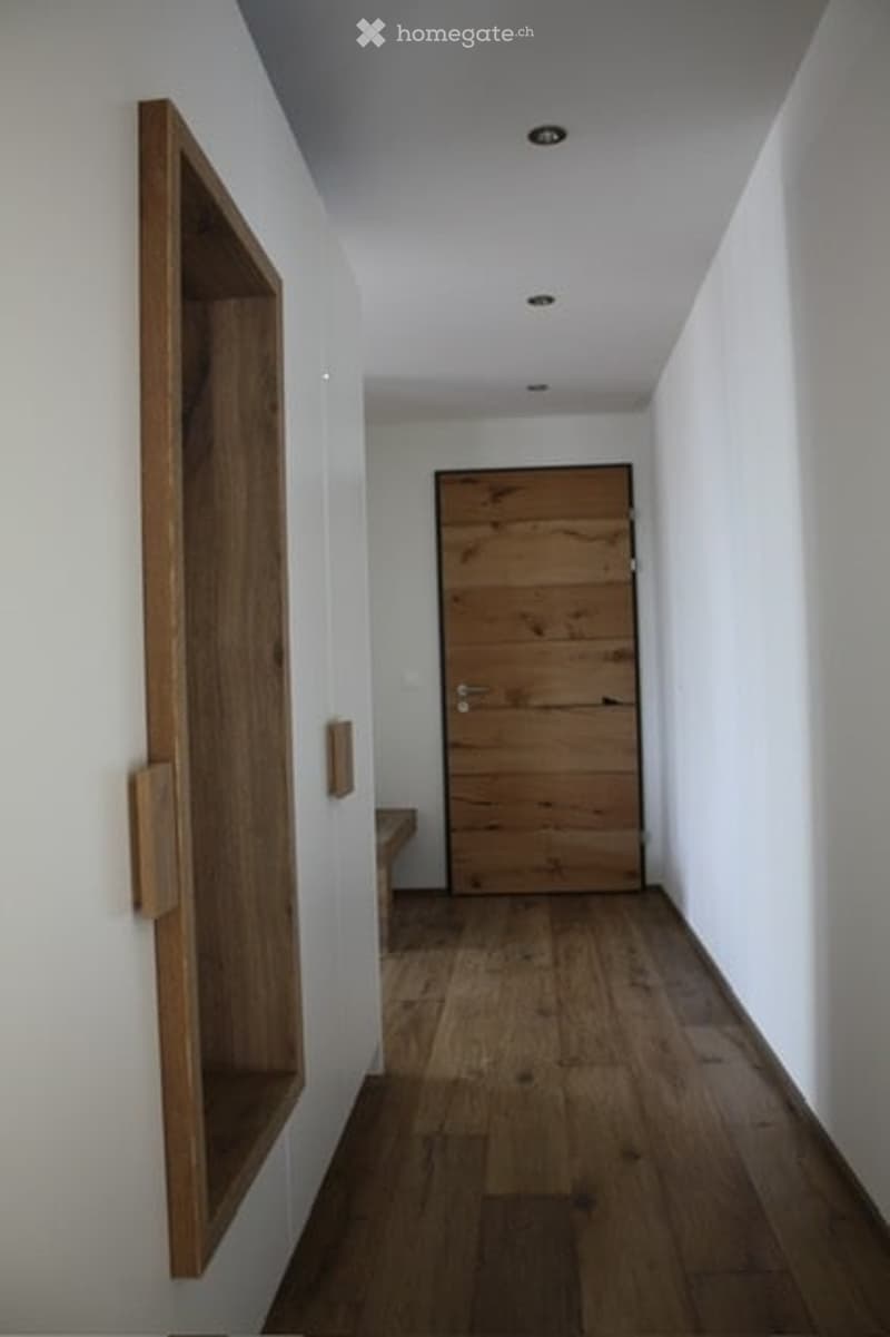 Modern hallway with wooden floor, white walls, and a wooden door at the end.