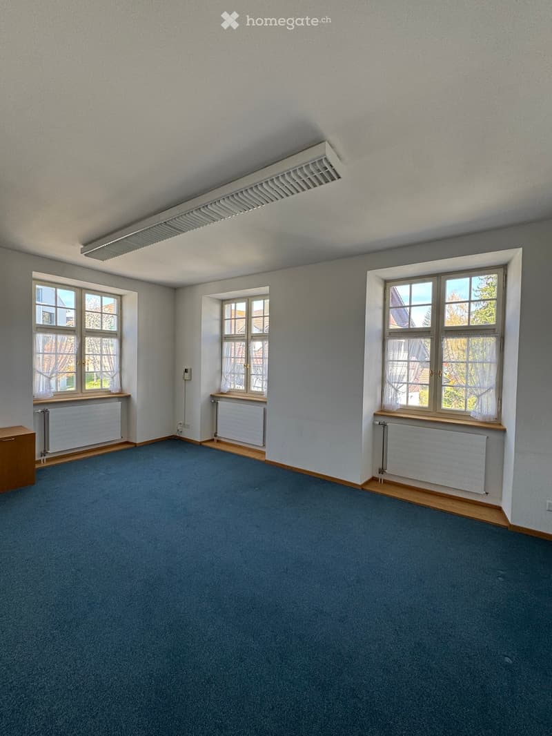Empty room with blue carpet, white walls, wooden baseboards, three windows with white frames, radiators, and a small wooden cabinet in the corner.