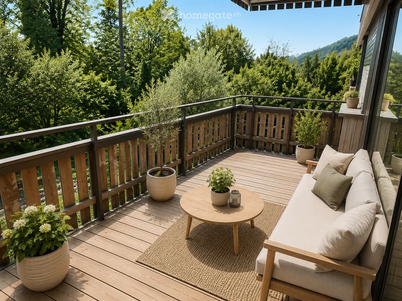 Wooden balcony with a sofa, coffee table, and potted plants, overlooking a lush green forest.