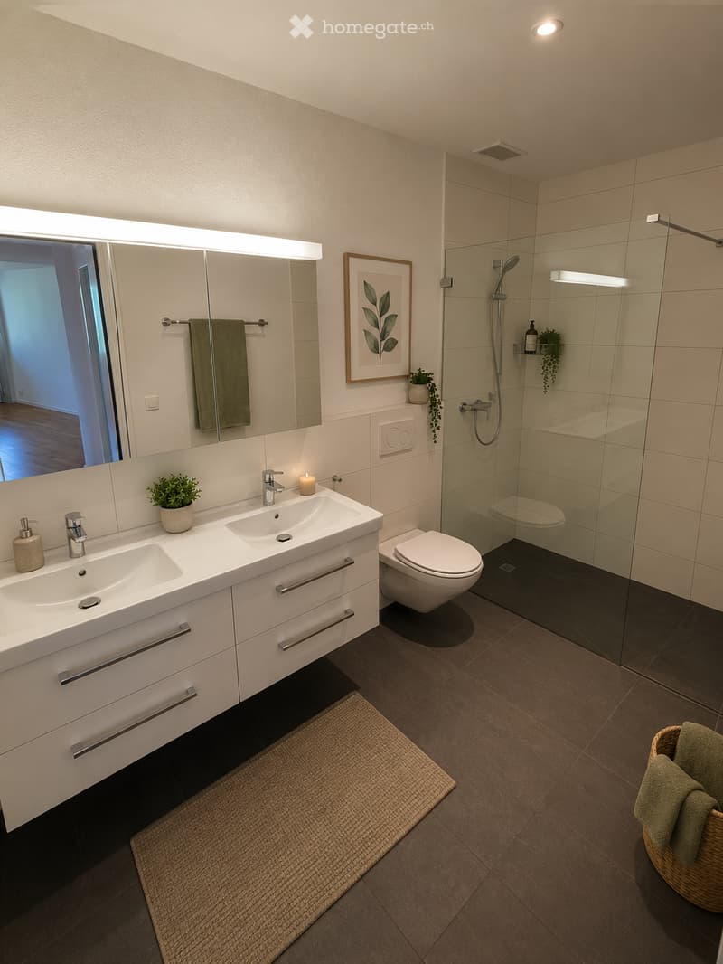 Modern bathroom with a double sink, toilet, glass-enclosed shower, large mirror, and decorative elements including a plant and a picture frame.