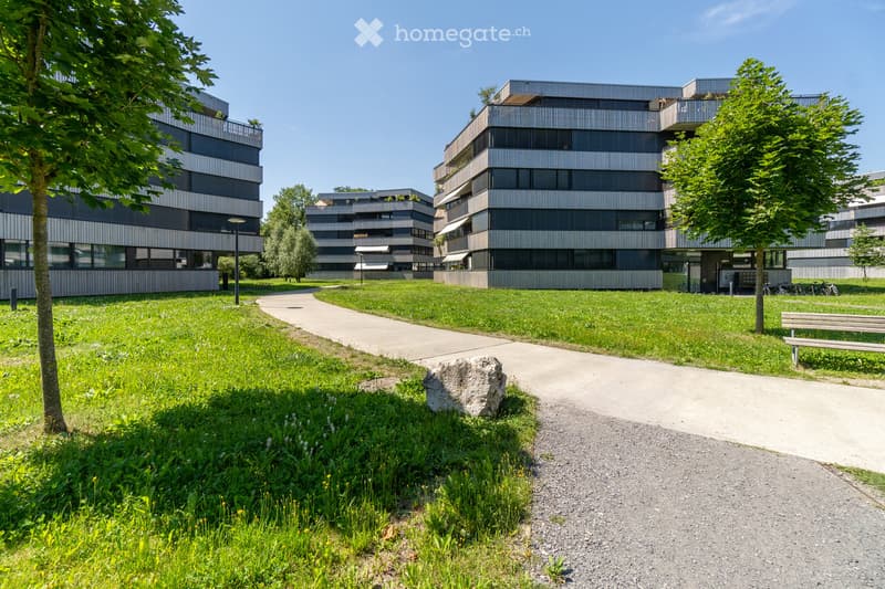Modern residential complex with contemporary buildings, green lawn, pathways, trees, and a bench.