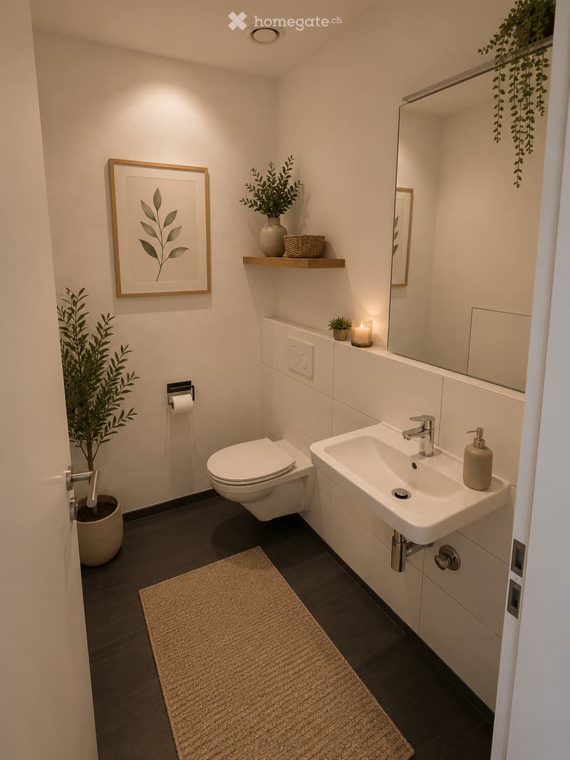Modern bathroom with white tiles, a toilet, a sink with a modern faucet, a large mirror, a framed picture, a small plant on a shelf, and a candle. The floor is dark grey with a beige rug in front of the sink.