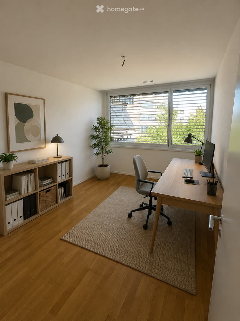 Modern, well-lit room with wooden flooring, large window with blinds, desk with chair, bookshelf, and decorative plants.