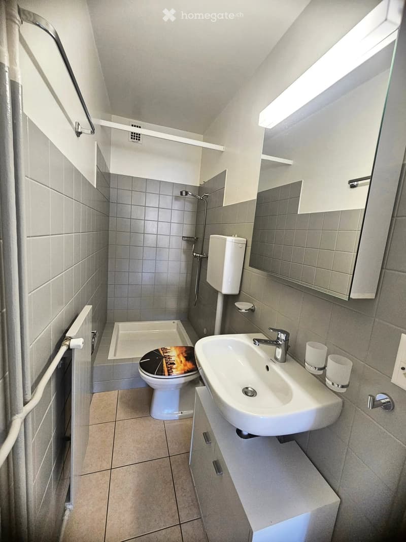 Modern bathroom with a white sink, toilet, bathtub, and mirror. The walls are tiled in gray and white, and the floor is tiled in beige.