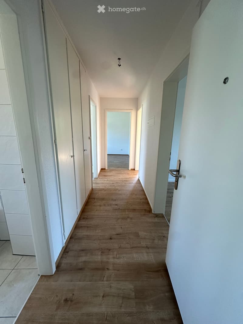 Empty hallway with wooden flooring, white walls, and several doors leading to different rooms.