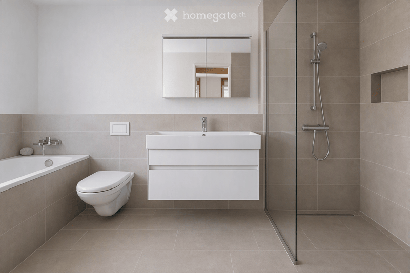 Modern bathroom with a bathtub, toilet, sink, mirror, and a glass-enclosed shower area.