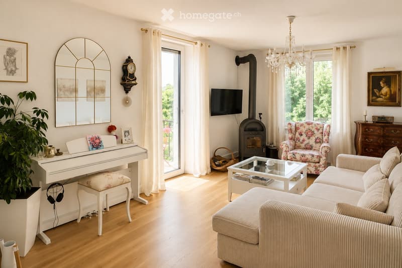 Elegant living room with a white piano, floral armchair, cream sofa, glass coffee table, fireplace, chandelier, and large windows with white curtains.