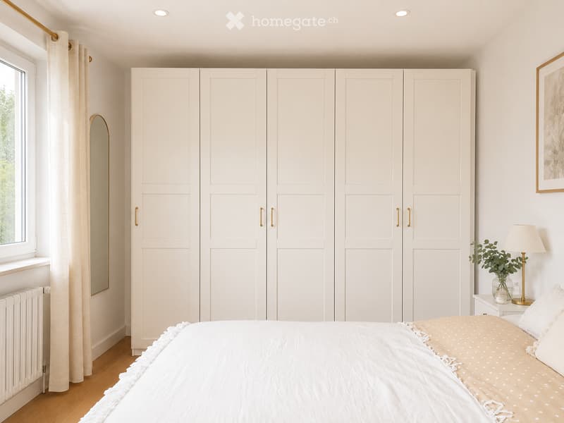 A well-lit bedroom with a large bed, white wardrobe, mirror, nightstand with a lamp, and a small potted plant on the nightstand.