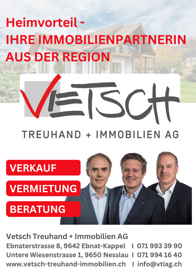 Promotional image for Vetsch Treuhand + Immobilien AG, featuring a modern house exterior with a garden, and three men in business attire. The text highlights services such as sales, rental, and consultation.