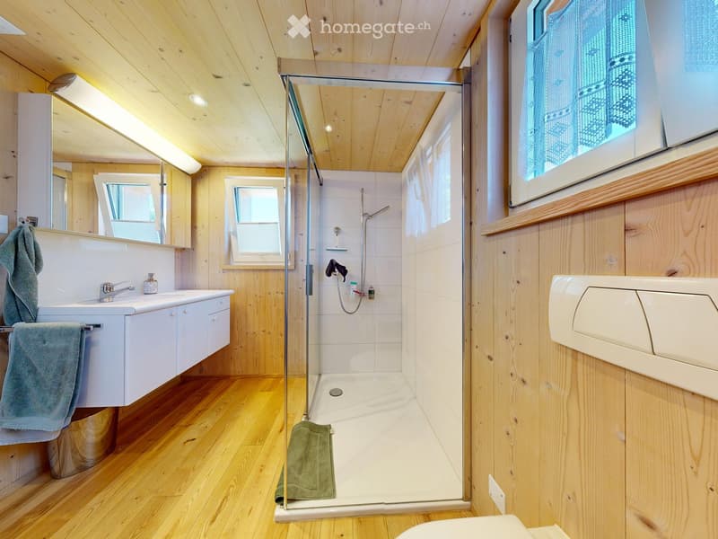 Modern bathroom with wooden walls and ceiling, featuring a sink with a mirror, a shower with a glass enclosure, and a toilet. The space includes wooden flooring and multiple windows for natural light.