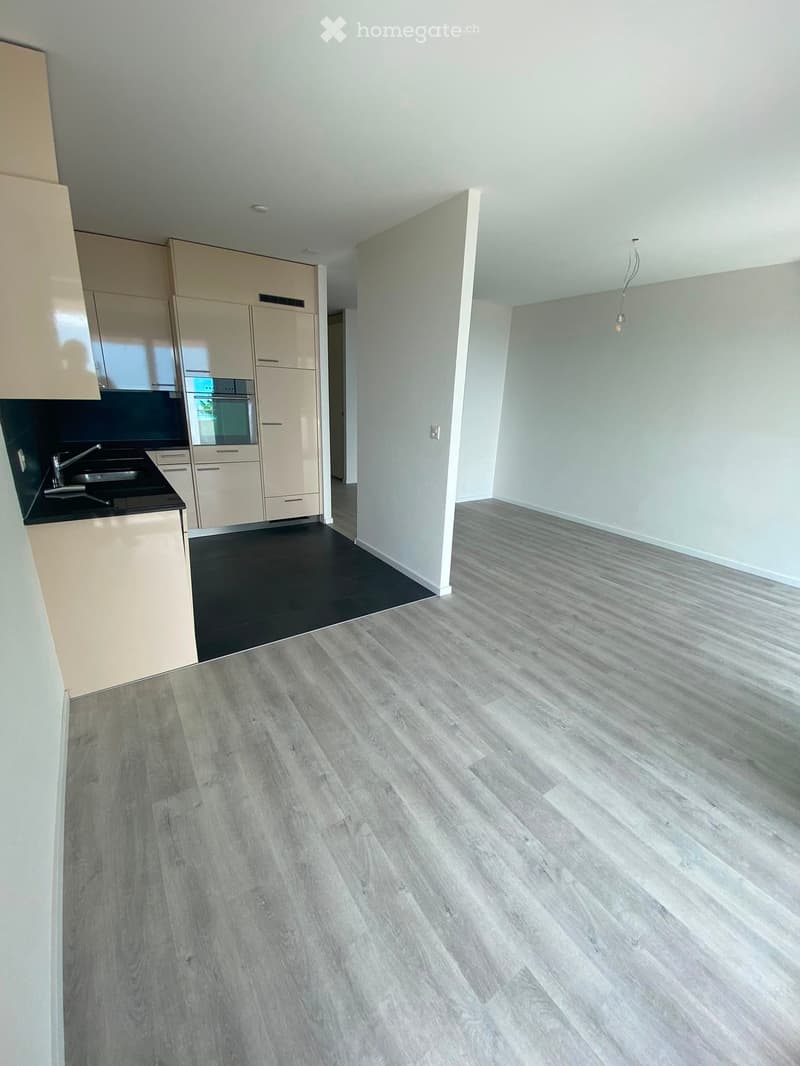 Empty room with light grey wooden flooring, white walls, and a small kitchen area with cabinets and a sink visible in the background.
