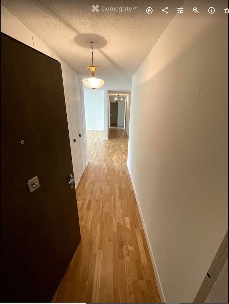 A narrow hallway with wooden flooring, white walls, and a single hanging light fixture. The hallway leads to another room at the end.