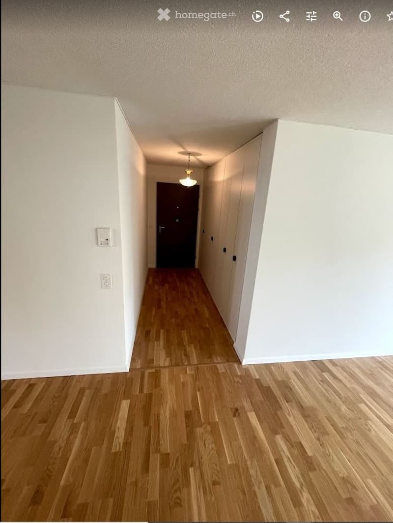 Empty hallway with light wooden flooring, white walls, and a single closed door at the end.