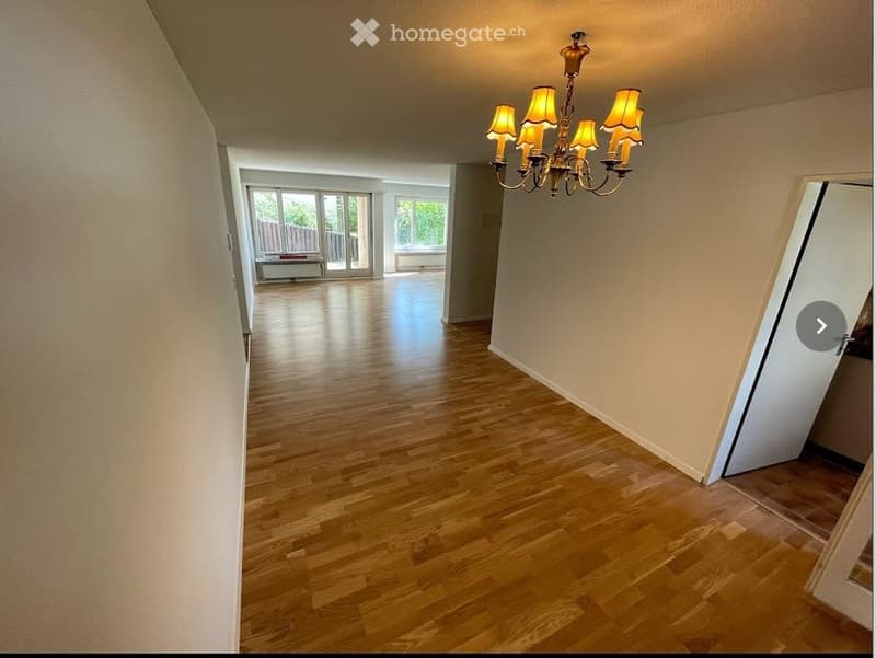 Empty hallway with wooden flooring, white walls, and a chandelier hanging from the ceiling. The hallway leads to a room with large windows and a sliding glass door.