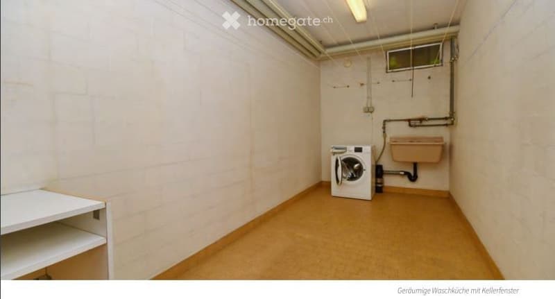 Small utility room with a washing machine, sink, and exposed pipes. Light-colored walls and a simple wooden floor.