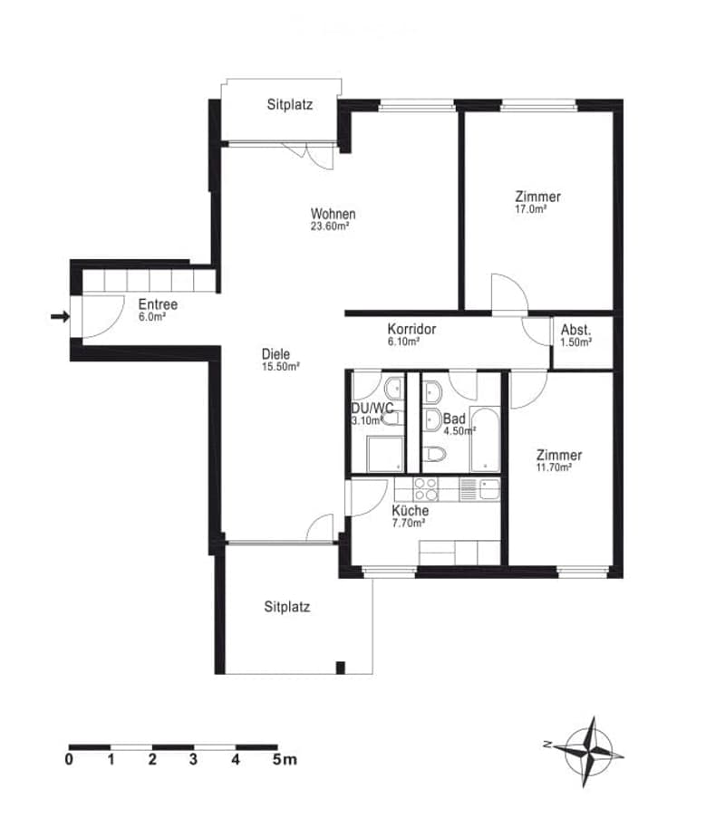 Floor plan of a 4-room apartment with a living area, kitchen, two bedrooms, bathroom, and hallway.