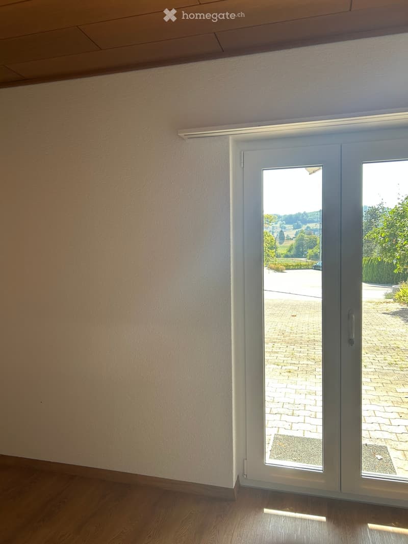 Empty room with wooden flooring and a large white sliding door leading to a paved outdoor area.