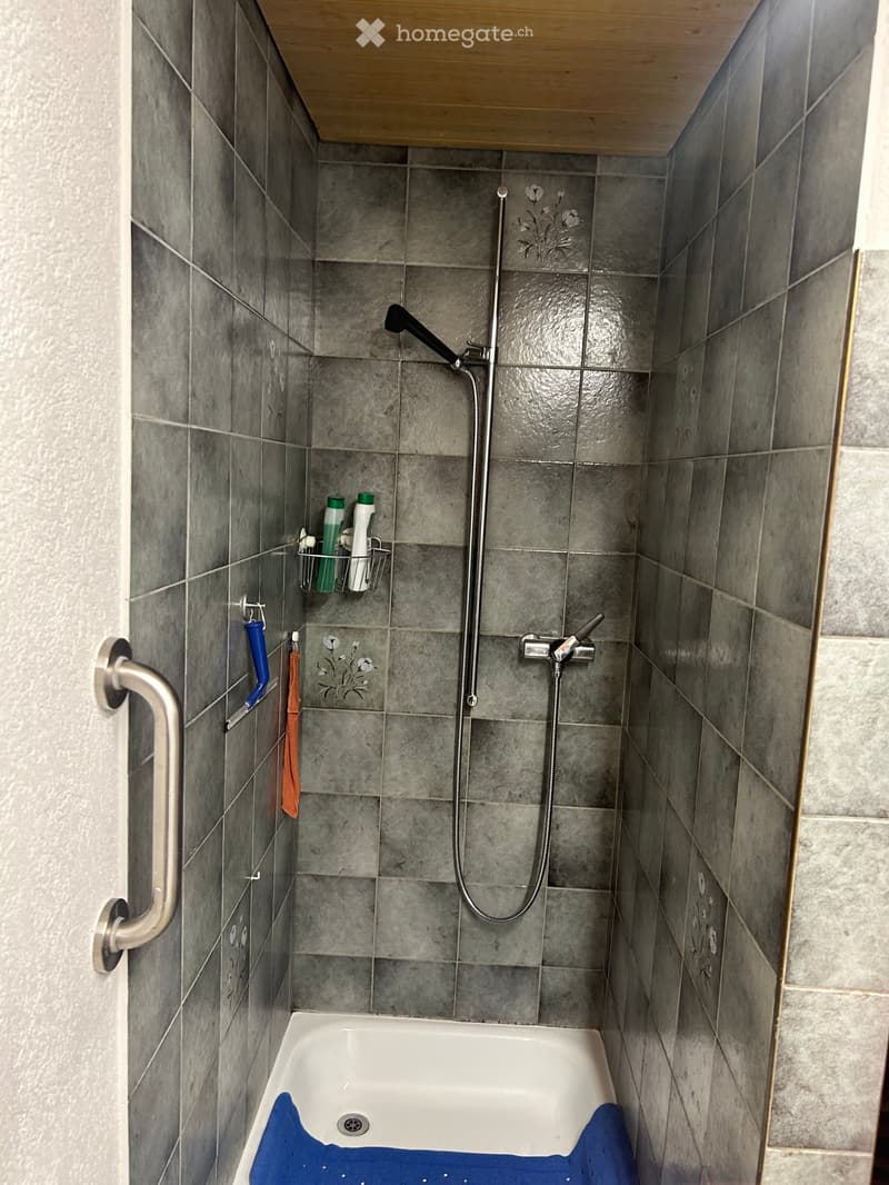 A small bathroom with a bathtub, showerhead, and a handrail. The walls are tiled in gray with floral designs, and a towel hangs on the side.