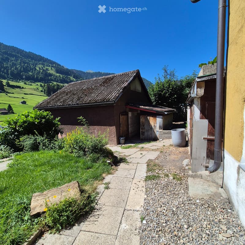 A rustic outdoor area with a small wooden shed, a paved pathway, and a scenic mountain view in the background.