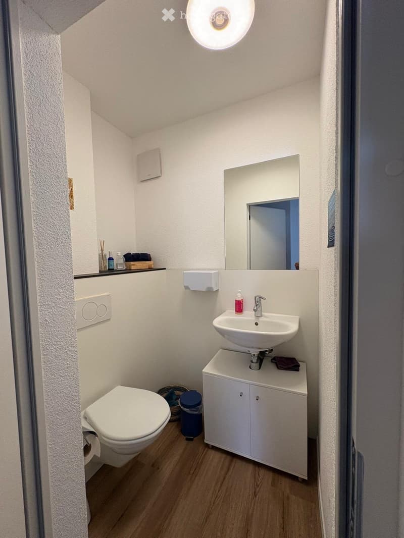 Compact bathroom with white walls, wooden floor, toilet, sink with cabinet, mirror, and small shelf with toiletries.