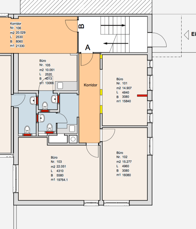 Floor plan showing four offices (Büro) and a corridor, with labeled dimensions and room numbers.