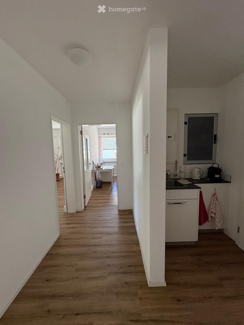 A narrow hallway with wooden flooring and white walls, leading to a small kitchen area with cabinets, sink, and countertop items.