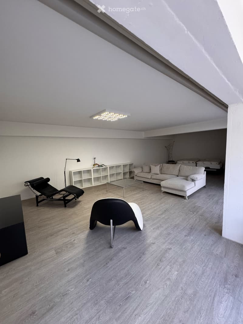 Modern living room with light wooden flooring, white walls, and contemporary furniture including a sofa, coffee table, and chairs.