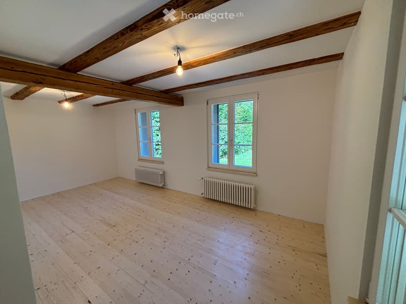 Empty room with wooden floor, exposed wooden beams on the ceiling, two windows, and two radiators.