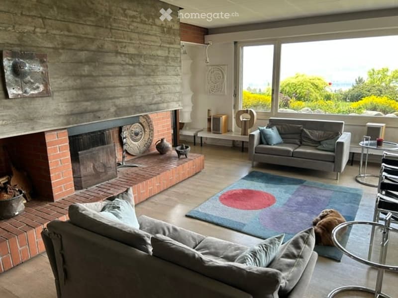 Modern living room with large windows offering a scenic view, featuring a grey sofa, coffee table, fireplace, colorful rug, and decorative art pieces.