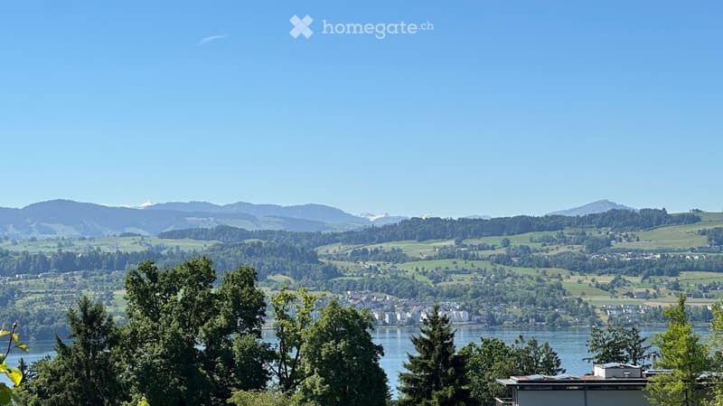 Panoramic view of a lake surrounded by lush green hills and distant mountains under a clear blue sky.