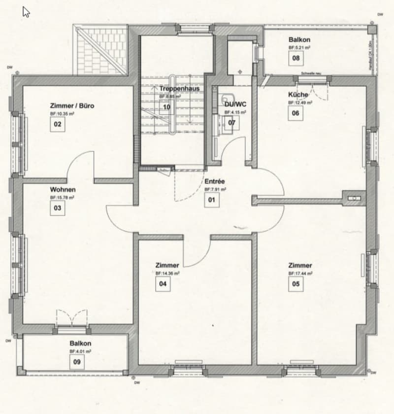 Floor plan showing a multi-room layout including a living area, kitchen, bedrooms, bathrooms, and balconies.