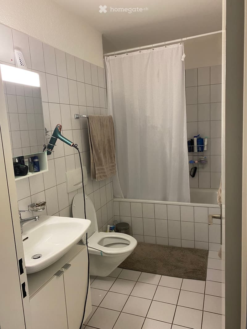 Bathroom with white tiled walls and floor, featuring a sink, toilet, shower curtain, towel, hair dryer, and storage shelves.