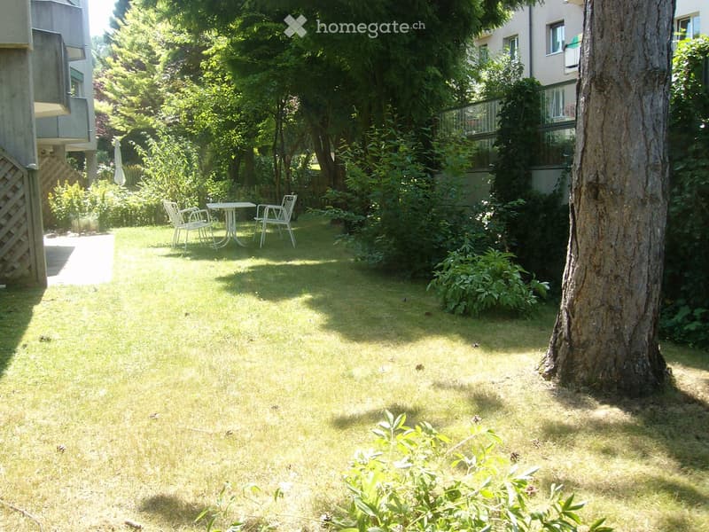 A well-maintained garden with a grassy lawn, trees, shrubs, and a small seating area with a table and chairs.