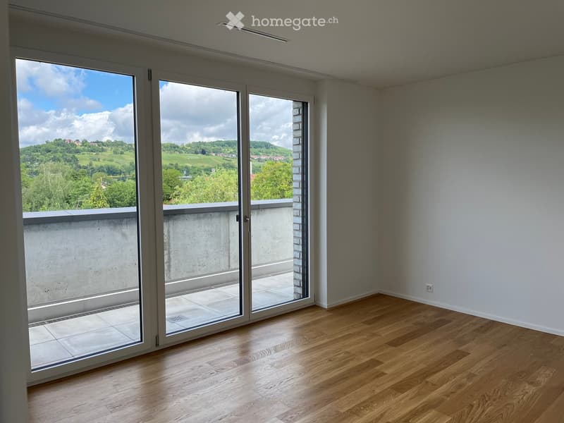 Empty room with wooden flooring, large sliding glass doors leading to a balcony with scenic countryside view.