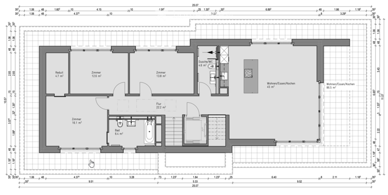 Floor plan showing a layout with multiple rooms including a living/dining/kitchen area, bedrooms, bathrooms, and a hallway.