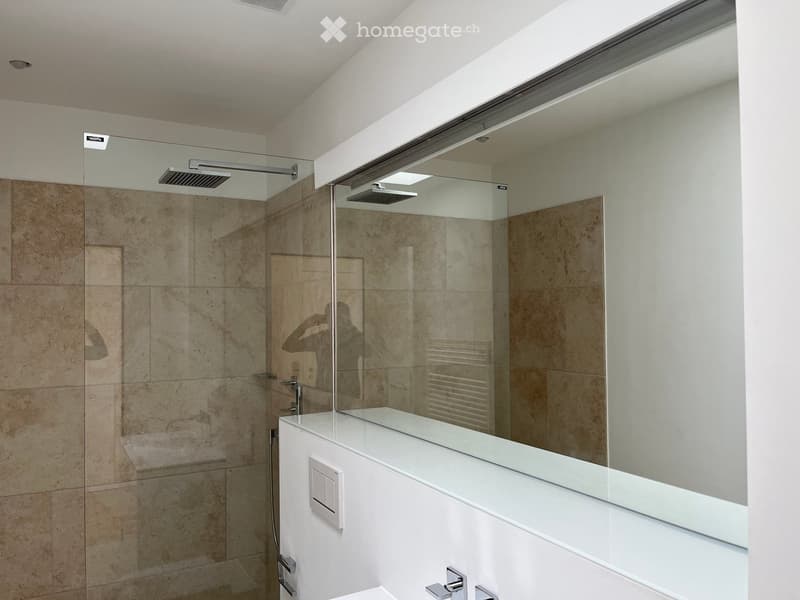 Modern bathroom with a glass-enclosed shower, beige tiles, and a white vanity with a mirror.