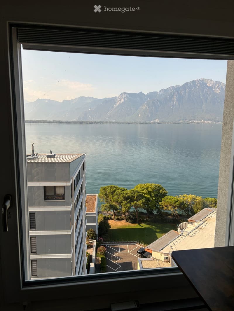 Balcony with a scenic view of a lake and mountains, surrounded by trees and a parking area.