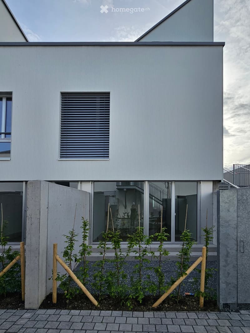 Modern two-story building with white siding, large windows, and a small garden area with young trees and wooden supports.