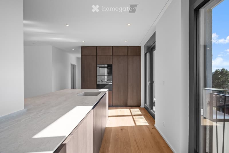 Modern kitchen with light wood flooring, white walls, and dark wood cabinets. Features a central island with a sink and ample counter space, with built-in ovens and a large window offering a scenic view.