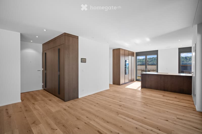 Open, unfurnished room with light wooden flooring, white walls, and large windows offering a scenic view. Features include built-in wooden cabinetry and a sleek kitchen counter.