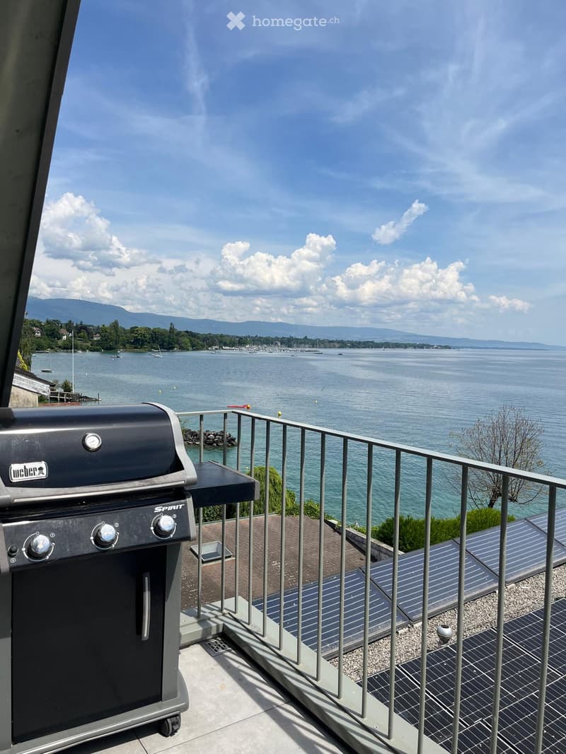 Balcony with a view of a lake and mountains, featuring a Weber Spirit grill and a metal railing.