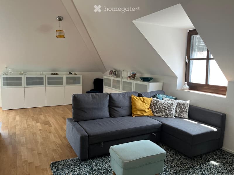 Living room with grey sectional sofa, ottoman, white cabinet, and decorative items on the windowsill.